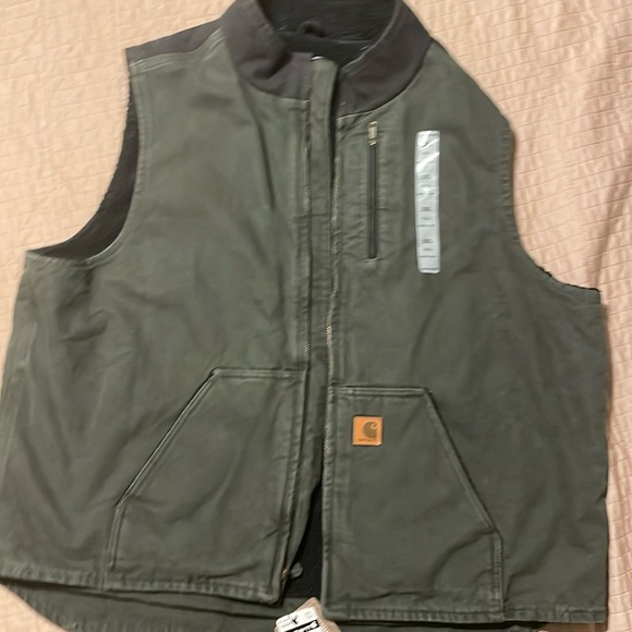 Carhartt Green Black Two Toned Canvas Sherpa Lined Vest Front Zip 2XL V33-355 - Picture 2 of 10